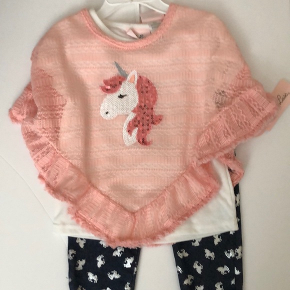 NWT Little Lass 3 Piece Set - Unicorn Sequined Poncho w/Unicorn Leggings Sz 4T